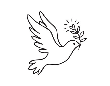 Dove line art. Flying dove of peace pigeon doodle outline logo drawing. Dove for greeting card, banner, flyer, poster.