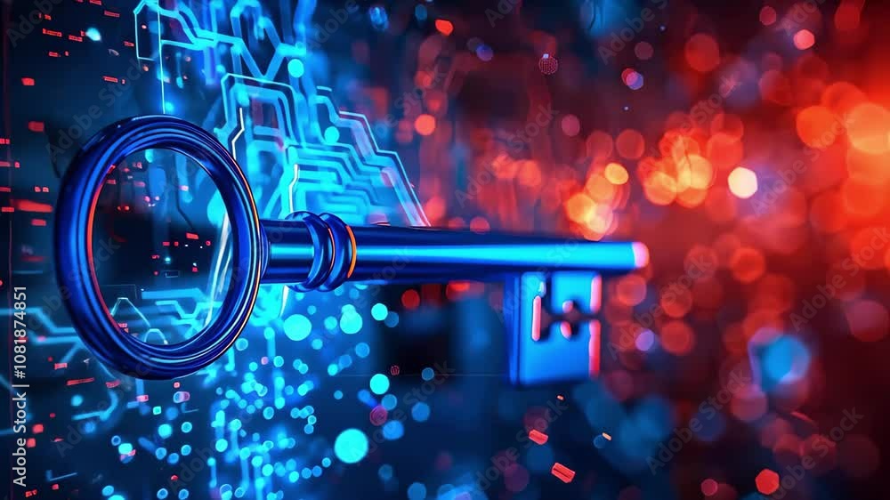 Poster a futuristic key against a colorful digital backdrop, symbolizing security and access in a technolog