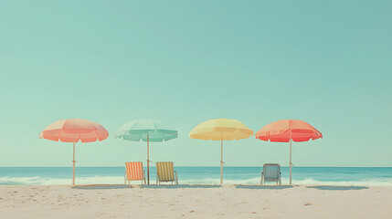 Relaxing beach scene with colorful umbrellas and chairs by ocean. gentle waves and soft sand create serene atmosphere perfect for sunny day
