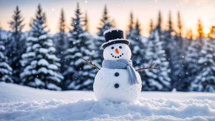 Obraz premium Serene Christmas Winter Background with Snowman, Snowy Landscape, and Pine Trees for Greeting Cards, Holiday Designs, and Seasonal Projects