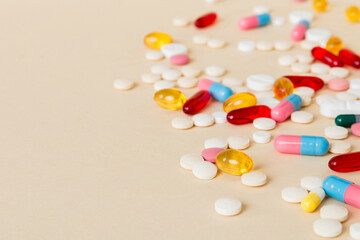 Many different colorful medication and pills perspective view. Set of many pills on colored background