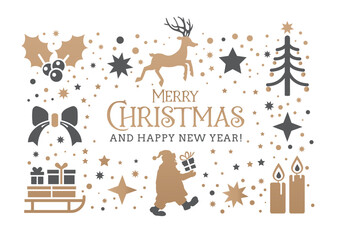Christmas greetings - Merry Christmas and happy New Year - gold, black and white