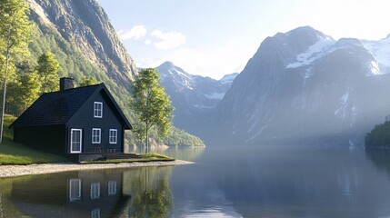 Fototapeta premium A realistic black house on the shore of a calm lake with towering mountains behind, detailed reflections, natural light, peaceful setting