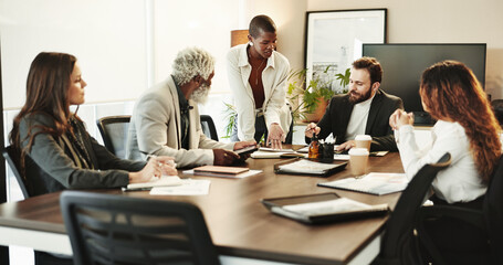 Business people, discussion and meeting with team for company report, project proposal or ideas at conference. Group, employees or colleagues with plan or documents for corporate finance or profit