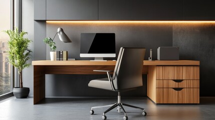 A modern home office space with sleek furniture and clean lines, designed for productivity and comfort