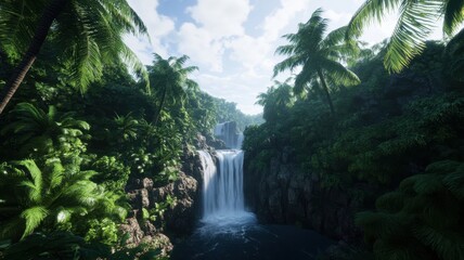 Stunning complex valley biome featuring cascading waterfalls amidst lush greenery and diverse wildlife.