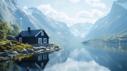 Fototapeta premium A realistic black house sitting beside a calm lake, surrounded by majestic mountains,