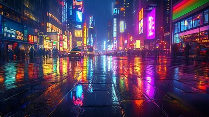 Obraz premium Cyberpunk-inspired futuristic cityscape with rainbow neon lights, tall buildings glowing in multiple colors, wet streets enhancing reflections, vibrant and energetic atmosphere,