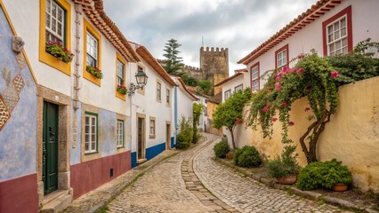 Naklejka premium Enchanting Double Exposure of Narrow Streets in Obidos, Portugal, Blending Timeless Charm with Vibrant Local Culture and Historic Architecture in a Dreamlike Atmosphere