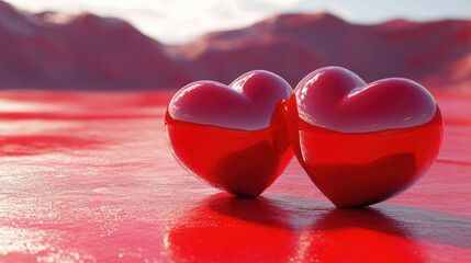 Fototapeta premium glossy red heart on ruby ​​background, hearts, valentines day, copy space, postcard, valentine, glass shiny heart figurine, february 14, love, romance