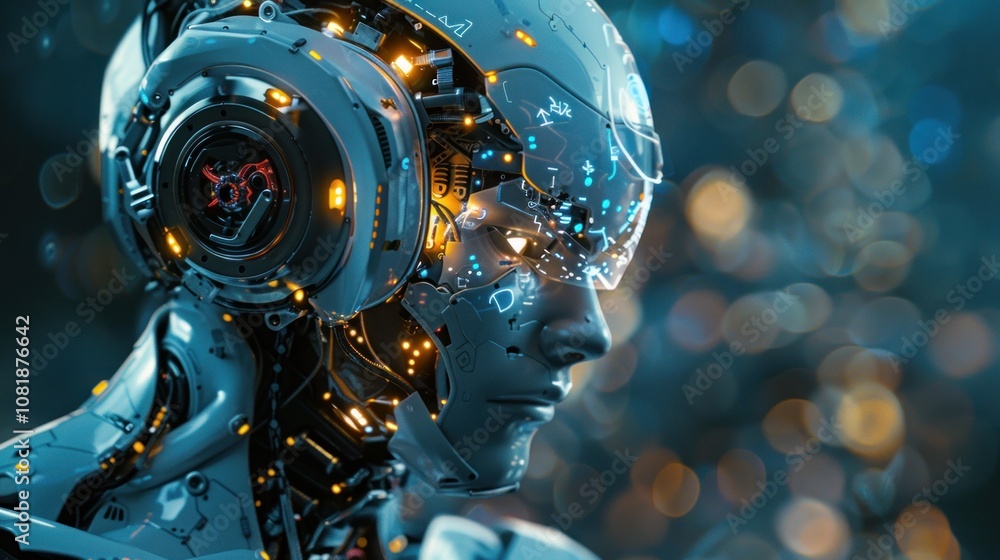 Poster a close-up of a futuristic robot's head with glowing lights and intricate mechanics.