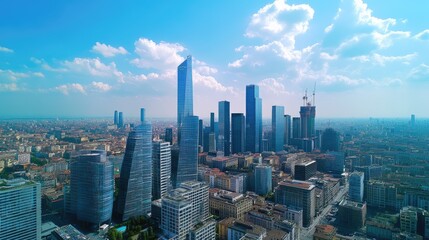 A stunning aerial view of a modern city skyline, showcasing tall skyscrapers under a bright blue sky.