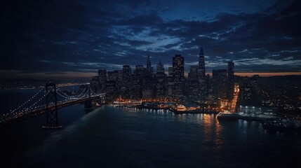 Fototapeta premium A breathtaking night view of a bustling city skyline illuminated with vibrant lights reflecting on the water.