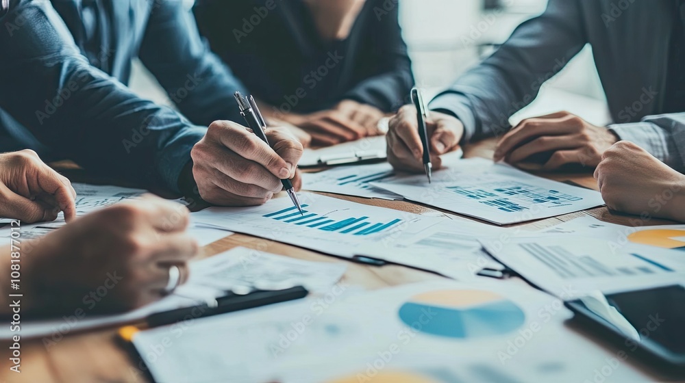 Poster diverse group of professionals collaborating on project analysis with various graphs and charts on a
