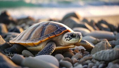 Obraz premium turtle is hiding under the stones on the black coast