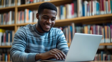 A young Black male student smiles while using a laptop in a library.