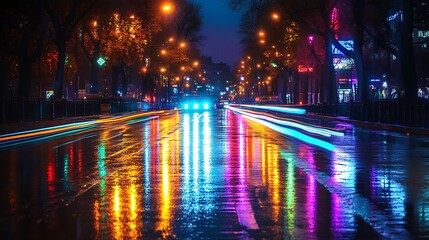 Obraz premium Dynamic rainbow-colored light streaks from cars zipping through a city street at night, abstract motion blur, neon lights illuminating the surroundings, wet pavement reflecting colors,