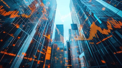 A futuristic urban skyline with glass skyscrapers juxtaposed with dynamic financial data overlays.