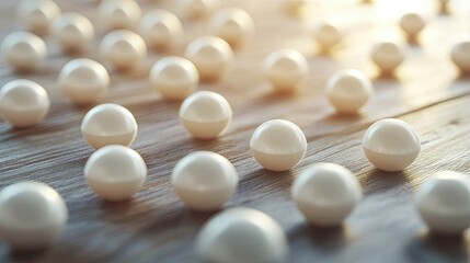 A collection of smooth, glossy beige spheres scattered on a textured wooden surface, creating a serene and minimalistic aesthetic.