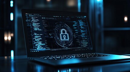 Digital padlock with binary code on laptop screen to protect data and privacy. Cybersecurity and online security concept
