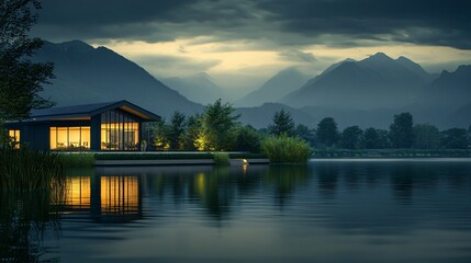 Fototapeta premium Realistic dark-colored house beside a still lake with mountain peaks in the background