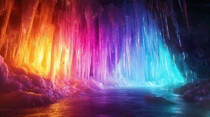 Enchanting ice cave interior with a rainbow light display, translucent walls casting a colorful glow, icicles reflecting the spectrum of light, mystical and serene, detailed ice textures,