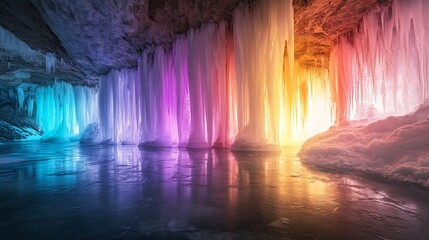 Obraz premium Enchanting ice cave interior with a rainbow light display, translucent walls casting a colorful glow, icicles reflecting the spectrum of light, mystical and serene, detailed ice textures,