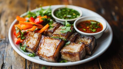 Delicious Plate of Crispy Fried Pork Belly Served with Fresh Vegetables and Dipping Sauces, Ideal for Culinary Photography and Food Enthusiasts