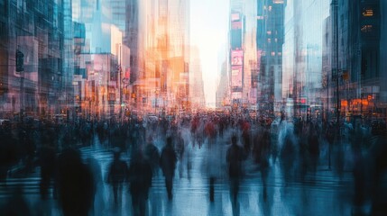 Naklejka premium An abstract, blurred street scene depicting a diverse crowd of people in a bustling urban environment.