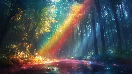 Forest scene drenched in rain with rainbow beams streaming through the canopy, sunlight illuminating mist particles in the air, leaves glistening with water droplets, a calm and peaceful setting,
