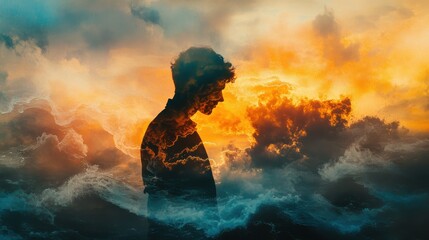 adaptability, close up, focus on, copy space, vivid colors, double exposure silhouette with chameleon patterns