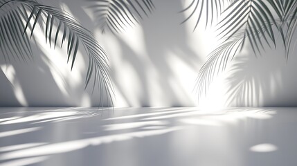  white empty room with shadow plant on white wall, empty white marble stone counter table top with shadow , white stucco cement luxury wall for product display presentation 