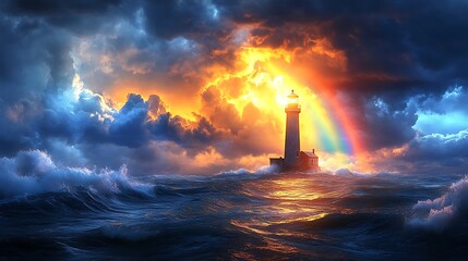 Fototapeta premium Lighthouse illuminated by a rainbow emerging behind dark storm clouds, churning sea below, vibrant rainbow hues contrasting against the dark sky, moody and atmospheric, photorealistic quality,