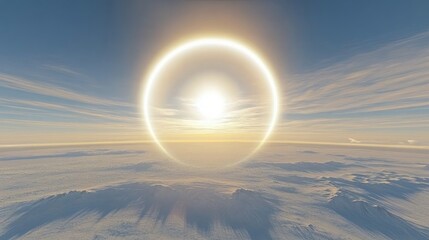 Serene Skyscape with Radiant Sun Surrounded by Halo Effect Over Expansive Cloudy Atmosphere in a Beautiful Natural Environment