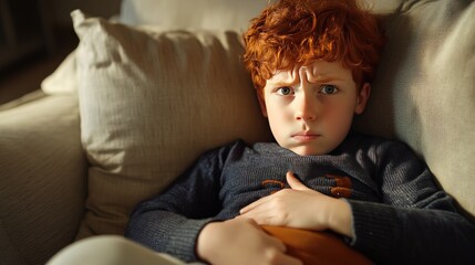 A focused young boy with curly red hair looks pensively at the camera while relaxing on a beige couch.