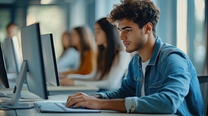 A focused young Hispanic male, seated at a desk, works intently on a computer in a modern classroom setting.