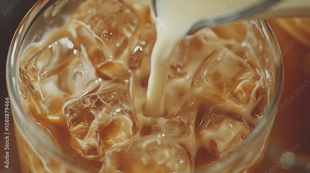 Poster creamy beverage pouring over ice cubes in a clear glass, creating a refreshing and appetizing visual