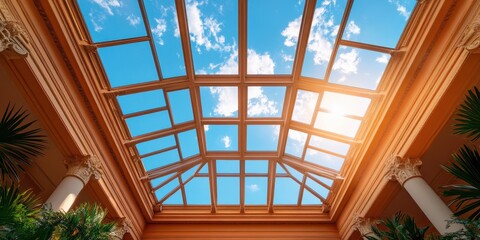Elegant ornamental skylight in a Mediterranean villa, casting beautiful patterns of light and shadow indoors.