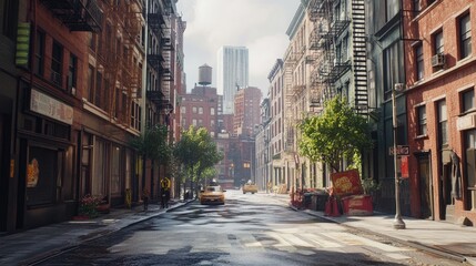 Fototapeta premium A vibrant urban street scene featuring a yellow cab, brick buildings, and lush trees under a bright sky.