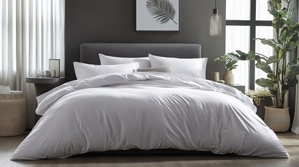 A modern bedroom featuring a gray bed with a duvet cover set linen and a soft white comforter to complement the interior