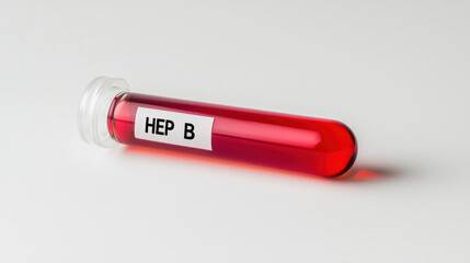 Test tube filled with red liquid labeled HEP B lies on white surface, indicating medical sample for hepatitis B testing