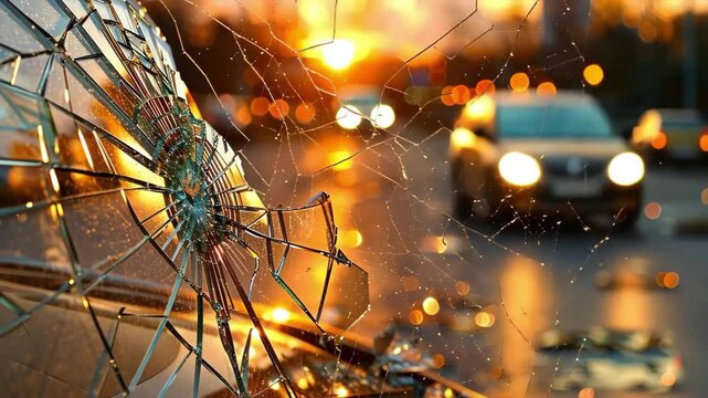 A shattered windshield reflecting a sunset, with blurred lights and a street scene in the background.