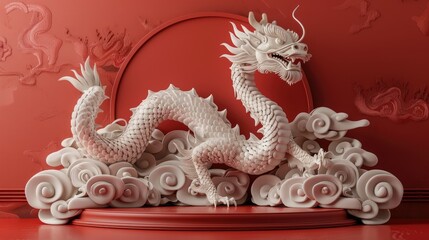Obraz premium White Chinese dragon statue with red background and clouds.