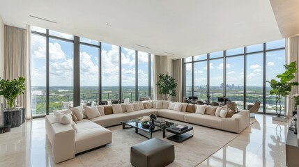 Fototapeta premium Modern Living Room with Floor-to-Ceiling Windows and City Skyline View