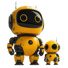 Playful and friendly robotic characters designed in vibrant yellow, showcasing innovation and creativity in robotics. isolate on white background