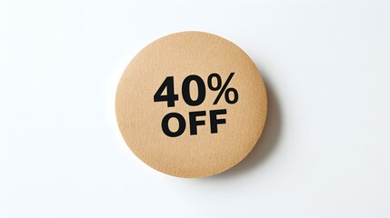 Black '40% OFF' Text on a Dark Brown Round Paper Note. White Background with Copy Space