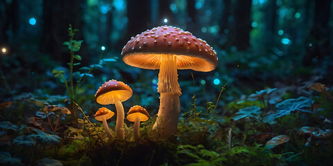 A whimsical fantasy scene featuring an elaborate glowing mushroom, created by Generative AI