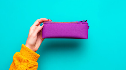 Woman’s hand holding purple pencil case against turquoise background