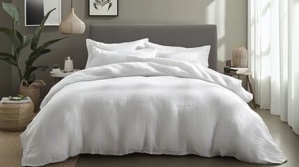 A modern bedroom featuring a gray bed with a duvet cover set linen and a soft white comforter to complement the interior