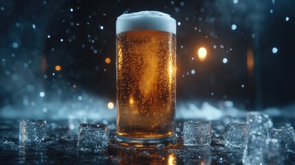A Refreshing Glass of Crisp Golden Beer Surrounded by Ice Cubes and a Mysterious Ambient Glow, Perfect for Celebrating Moments of Joy and Relaxation